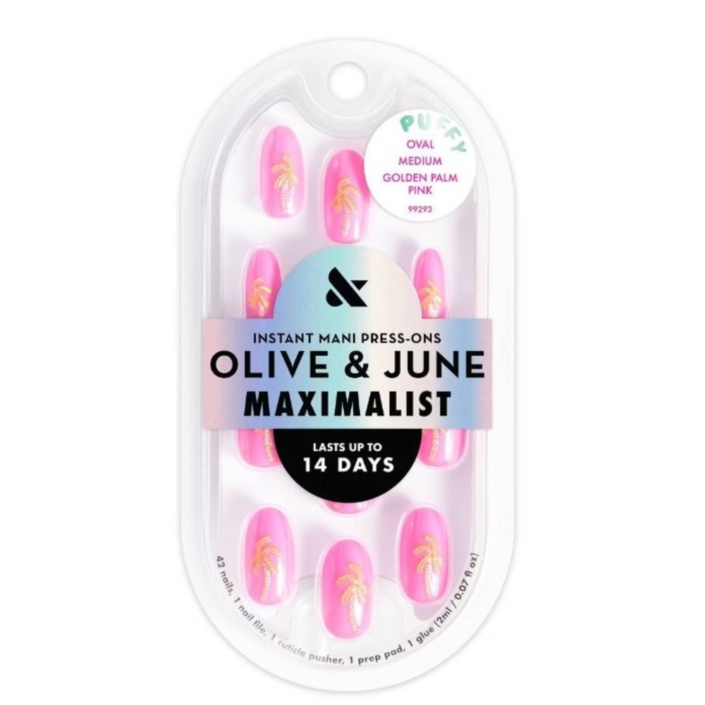 Olive & June Press-On Nails – Golden Palm Pink – Medium Oval – 42 Count Set